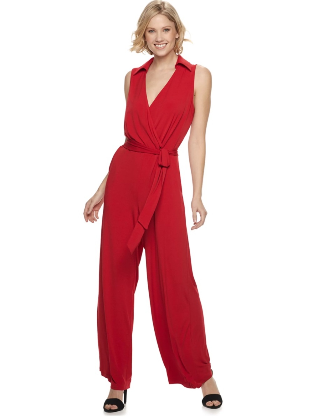 Nina Leonard Collared Sleeveless Surplice Wide Leg Red Jumpsuit Ladies Large